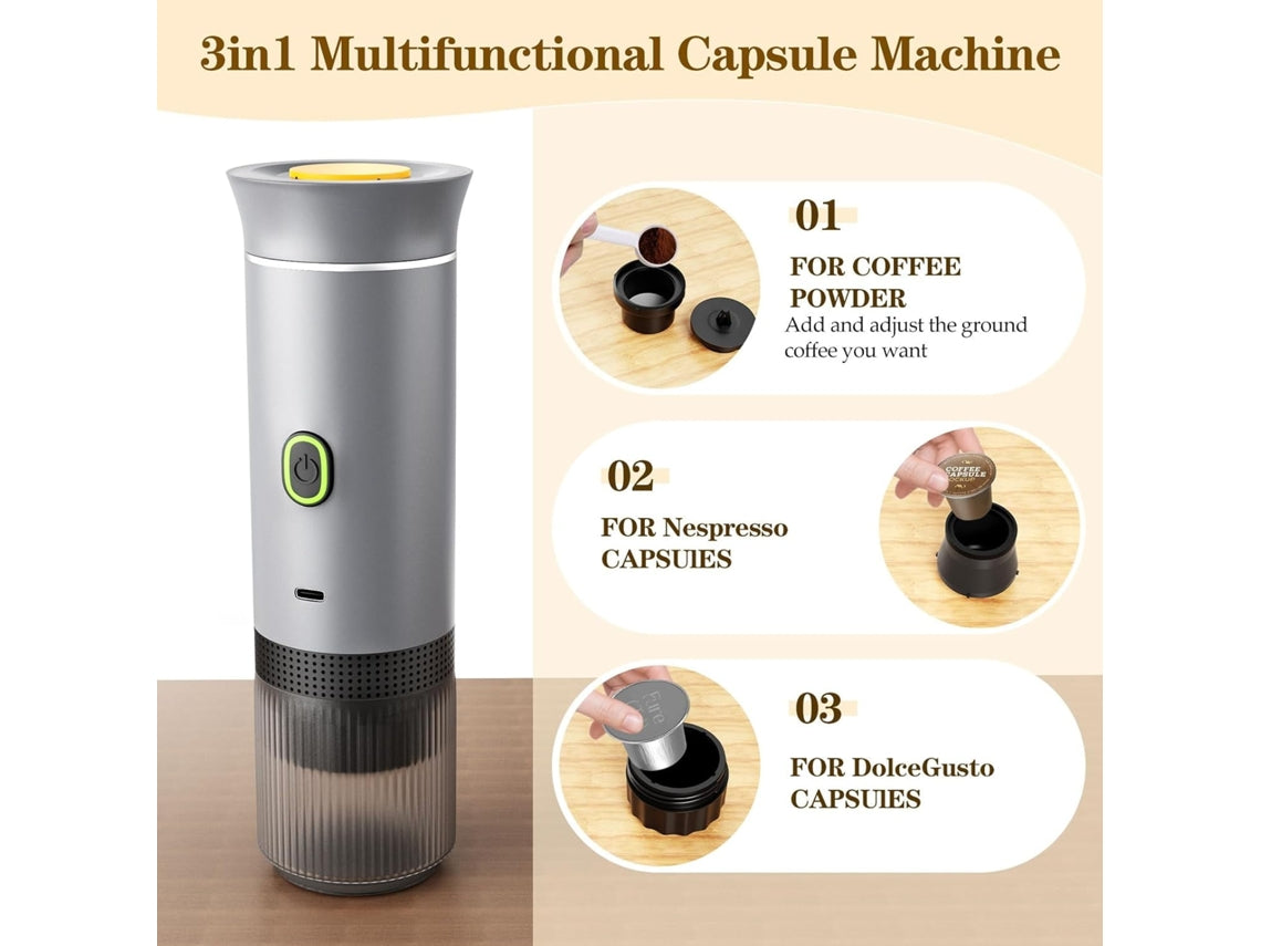 3-in-1 Portable Coffee Maker - Nespresso or Dolce Gusto Capsules and Ground Coffee