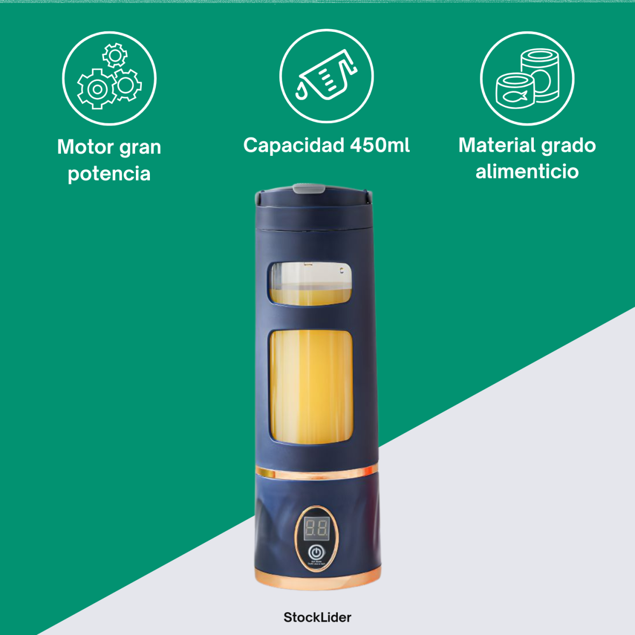 450ml Portable Blender with Digital Display, USB Rechargeable - Stainless Steel Blades