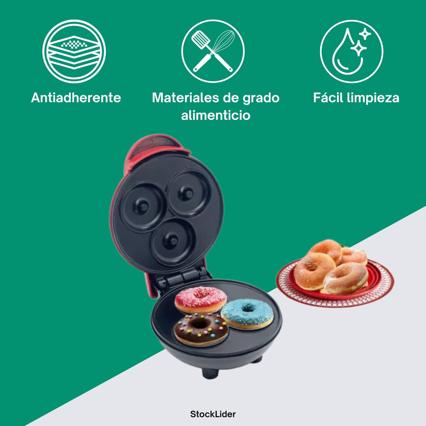 Mini Máquina de Donuts | 3 Rosquillas a la Vez | Antiadherente | Calefacción Doble