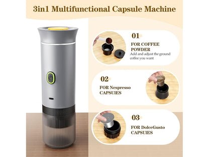 3-in-1 Portable Coffee Maker - Nespresso or Dolce Gusto Capsules and Ground Coffee