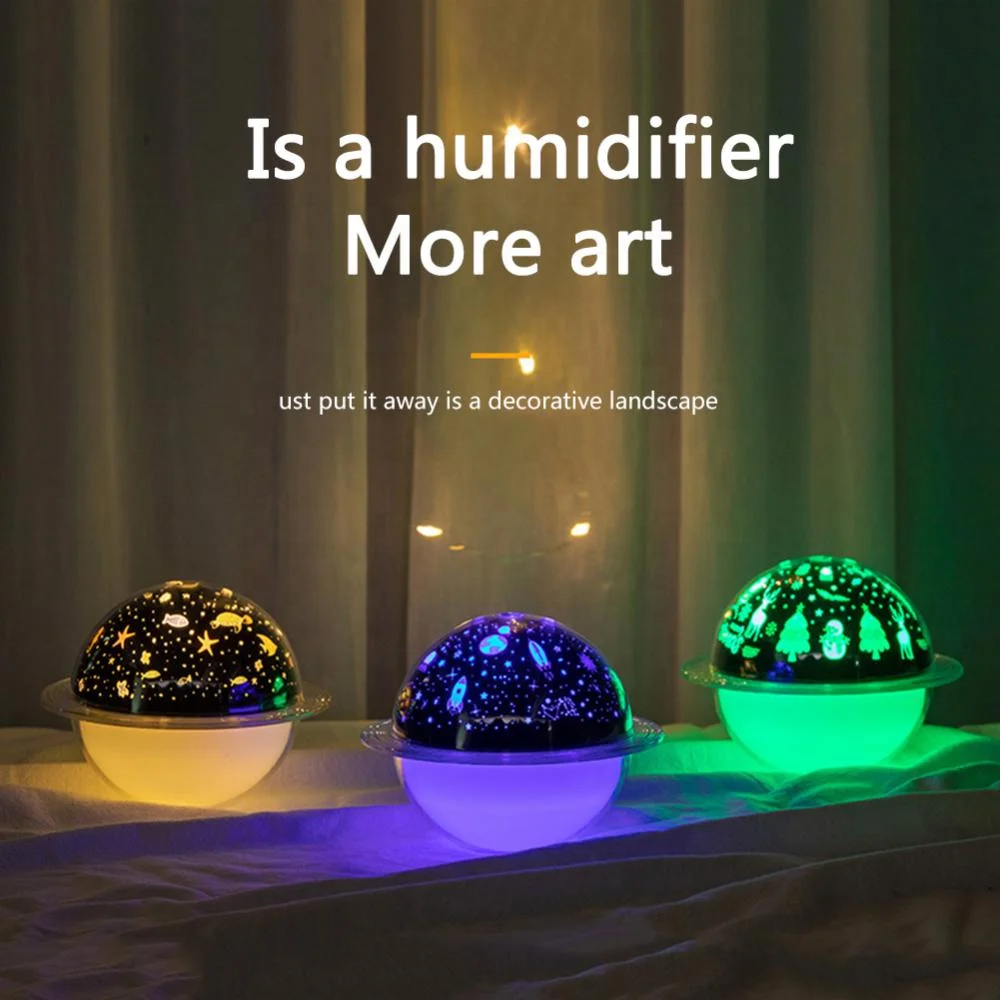Humidificador e Candeeiro Projetor Saturno | Difusor de Óleos Essenciais | Base de Madeira