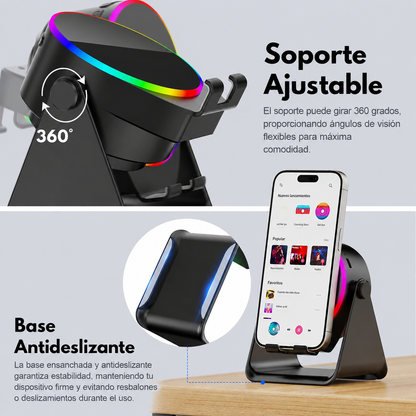 Altavoz Bluetooth Giratorio 4 en 1 | Luz RGB | Inducción Inalámbrica | Soporte 360º | Power Bank 5000mAh