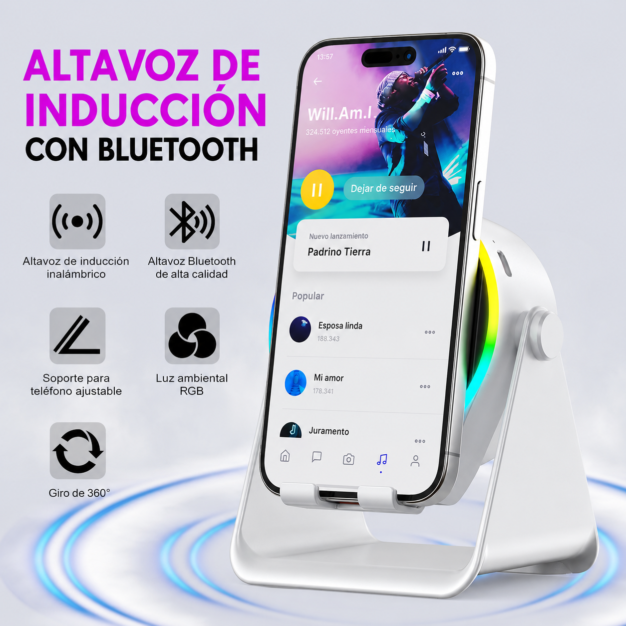 Altavoz Bluetooth Giratorio 4 en 1 | Luz RGB | Inducción Inalámbrica | Soporte 360º | Power Bank 5000mAh