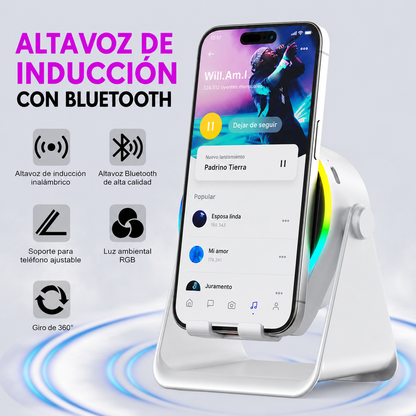 Altavoz Bluetooth Giratorio 4 en 1 | Luz RGB | Inducción Inalámbrica | Soporte 360º | Power Bank 5000mAh