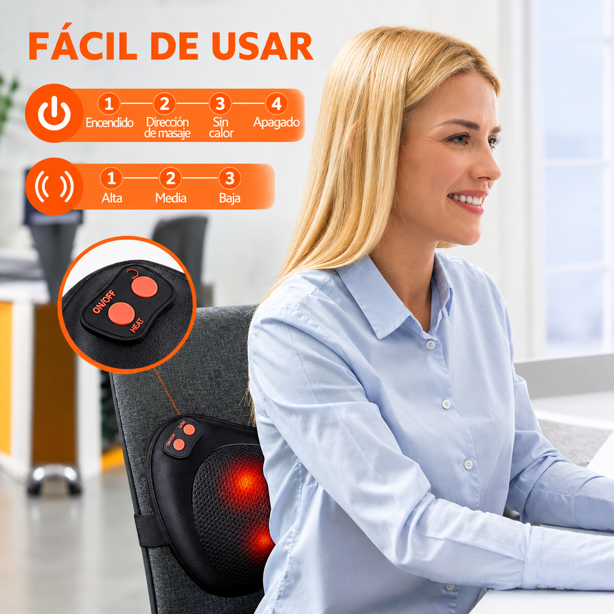 Cojín Masaje Shiatsu Portátil con Calor | 8 Cabezales | 3 Velocidades | Cuello y Espalda