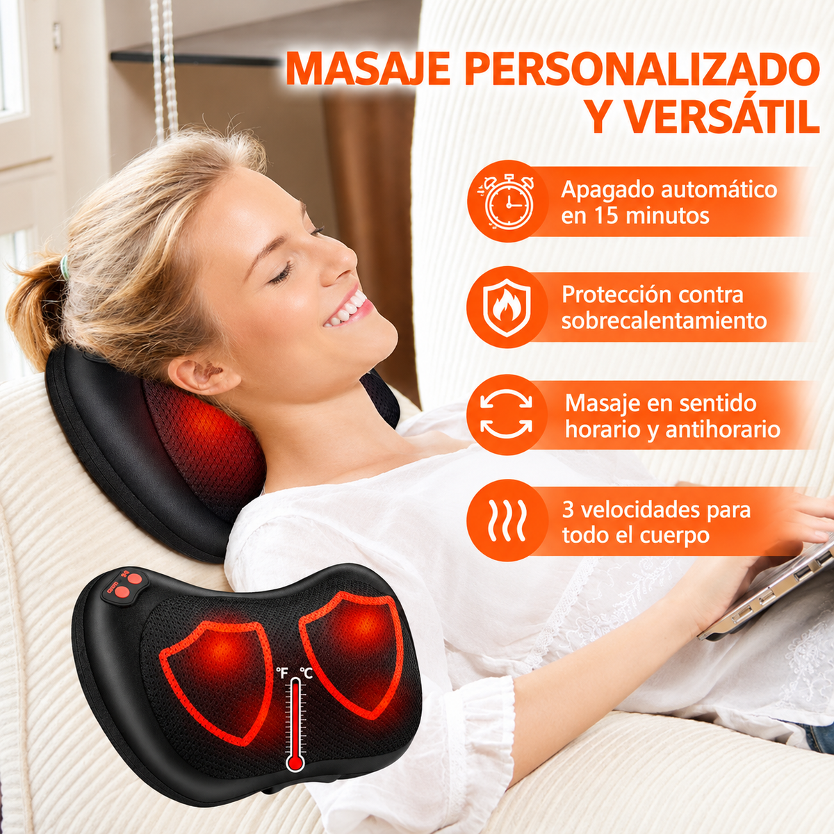 Cojín Masaje Shiatsu Portátil con Calor | 8 Cabezales | 3 Velocidades | Cuello y Espalda