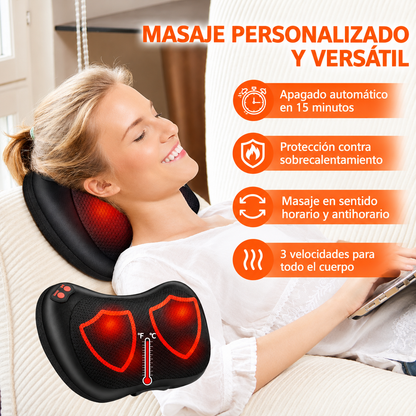 Cojín Masaje Shiatsu Portátil con Calor | 8 Cabezales | 3 Velocidades | Cuello y Espalda