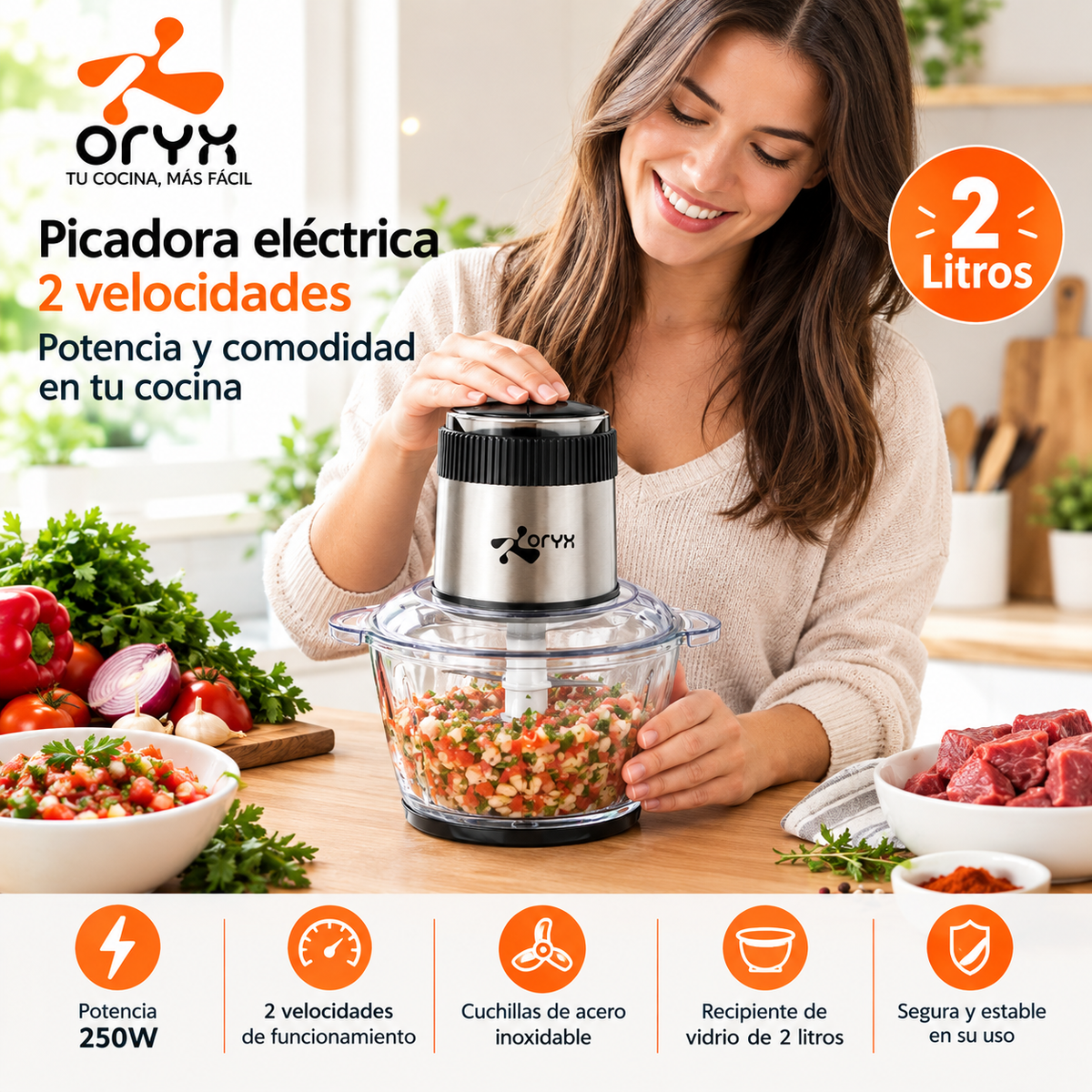 Picadora Eléctrica ORYX 2 Litros | 250 W con Bol de Cristal
