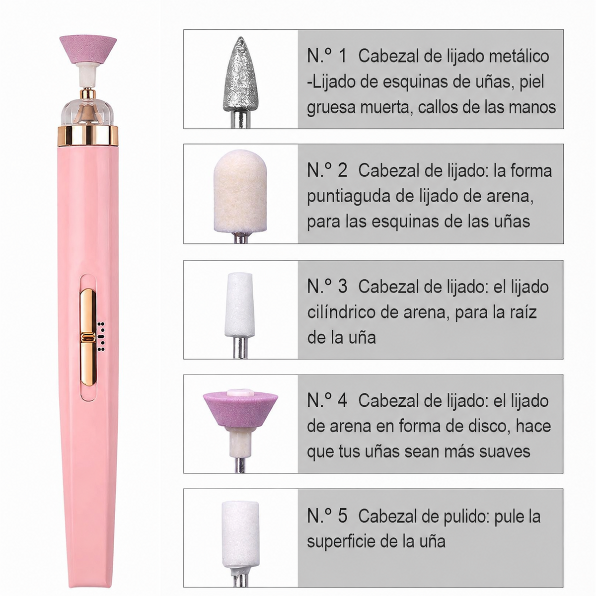 Pulidor de Uñas Eléctrico Multifuncional | 5 Cabezas | Luz LED | Recargable