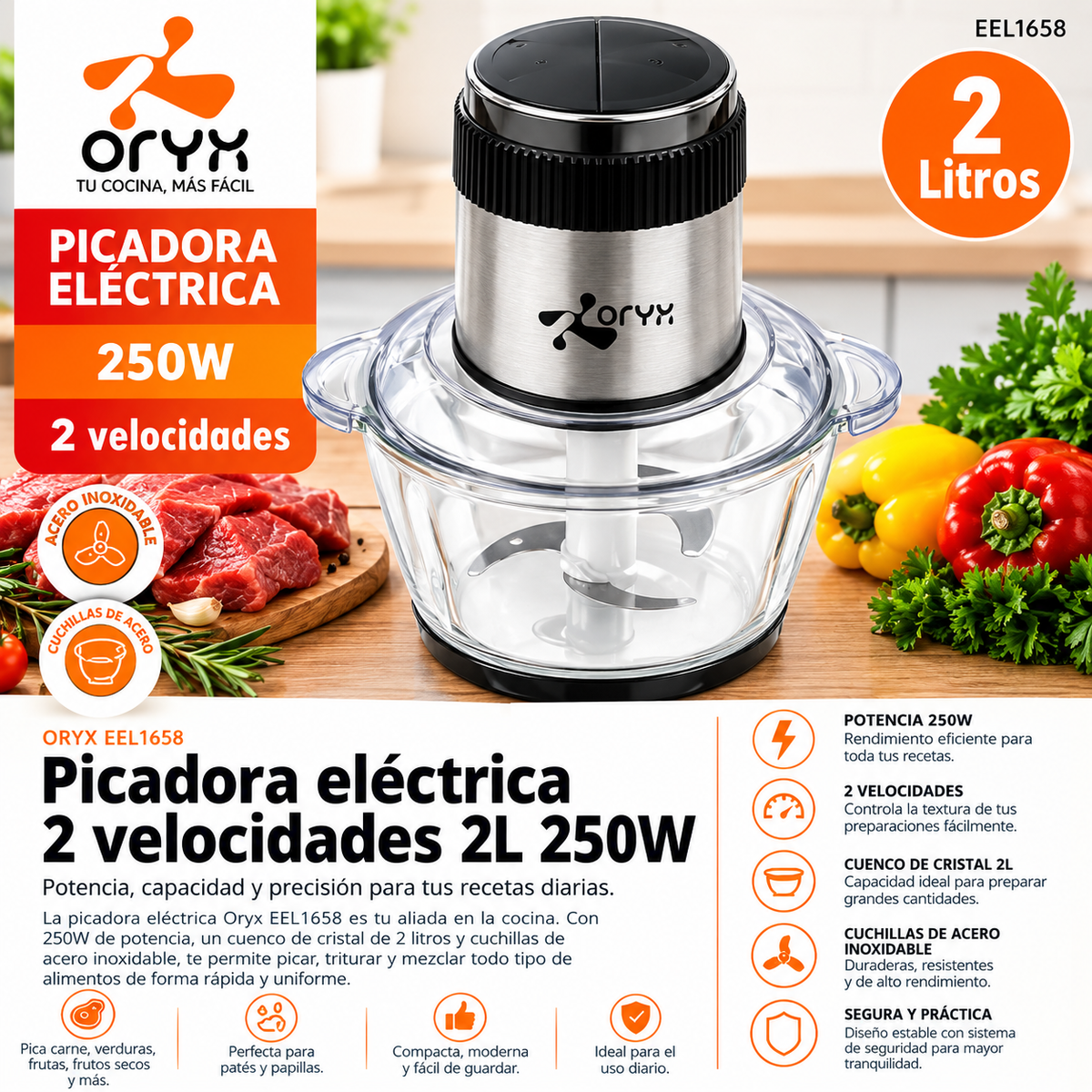 Picadora Eléctrica ORYX 2 Litros | 250 W con Bol de Cristal