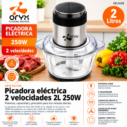 Picadora Eléctrica ORYX 2 Litros | 250 W con Bol de Cristal