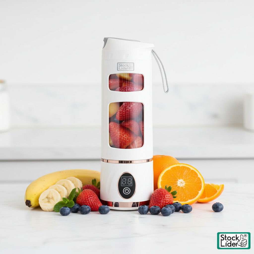 Batidora portátil con frutas frescas en fondo blanco