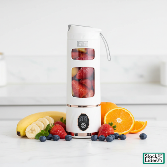 Batidora portátil con frutas frescas en fondo blanco