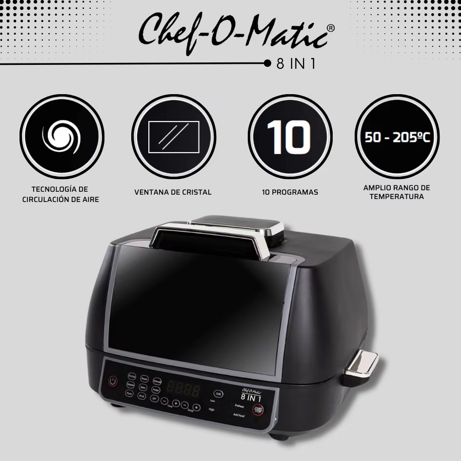 Forno, Grelhador e Fritadeira de Ar Multifunções | Chef-O-Matic 8 in 1 Oven Grill | 1500W
