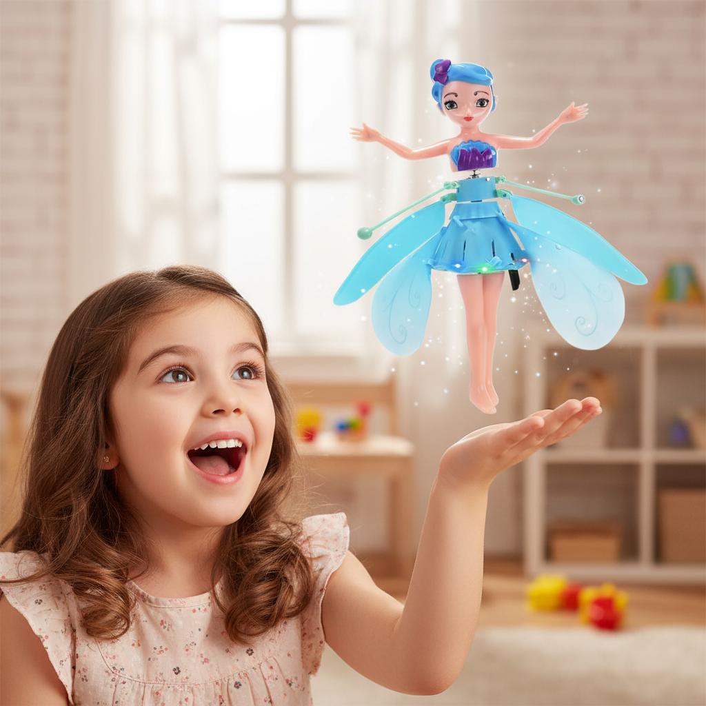 Niña mirando su muñeca voladora