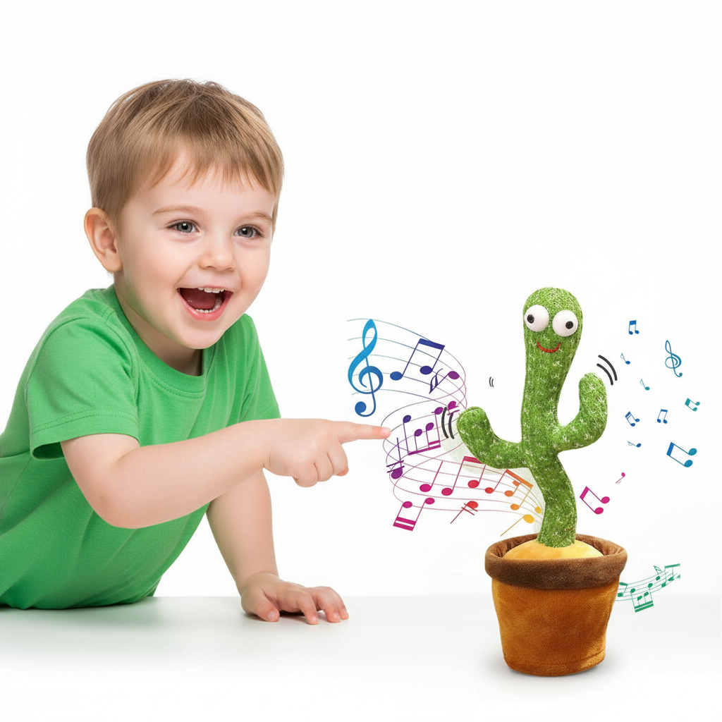 Niño contento mirando el cactus bailarín