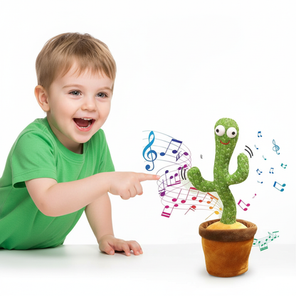 Niño contento mirando el cactus bailarín