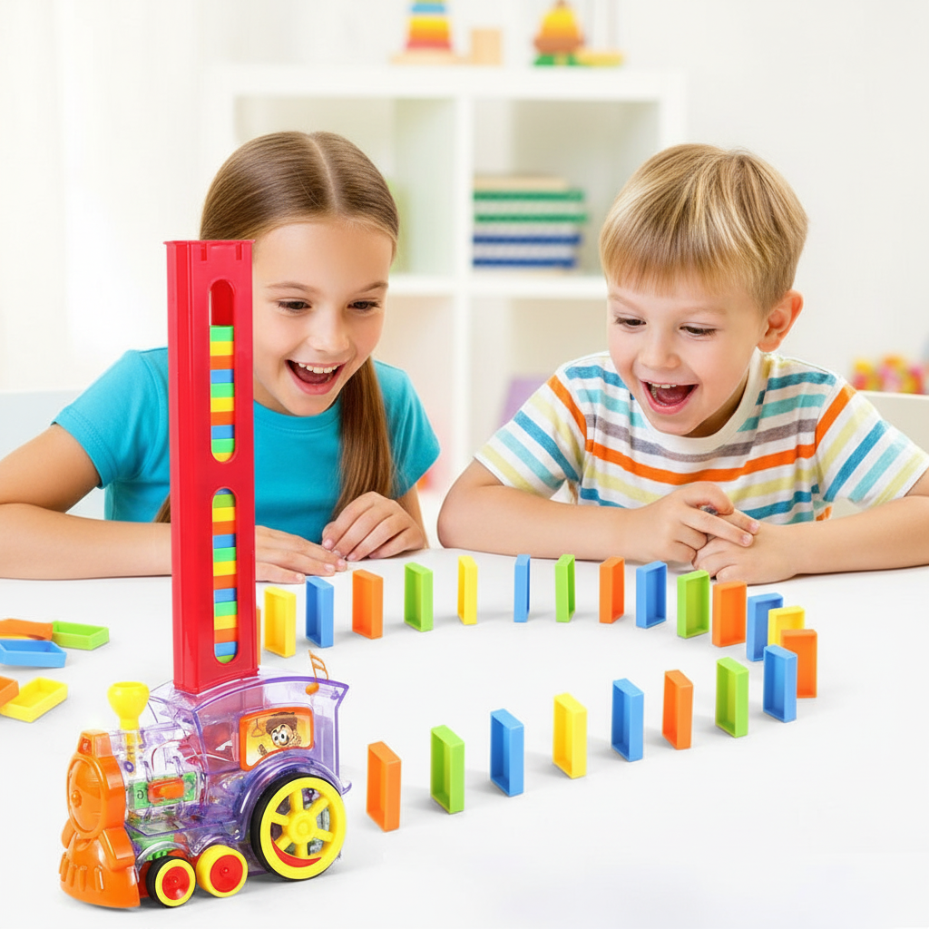 Niños mayores con trenecito dominó