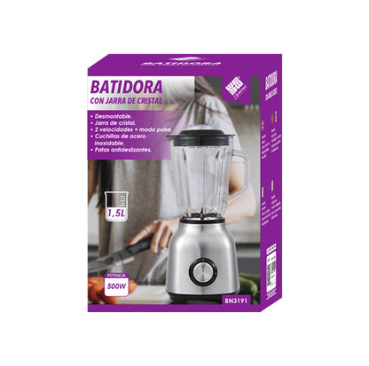 Batedeira Liquidificadora 500W | Jarro Vidro 1,5L | Lâminas Aço Inoxidável | CE