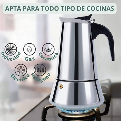 Cafetera Italiana de Acero Inoxidable 9 Tazas | Inducción | Antidrop | Acabado Espejo