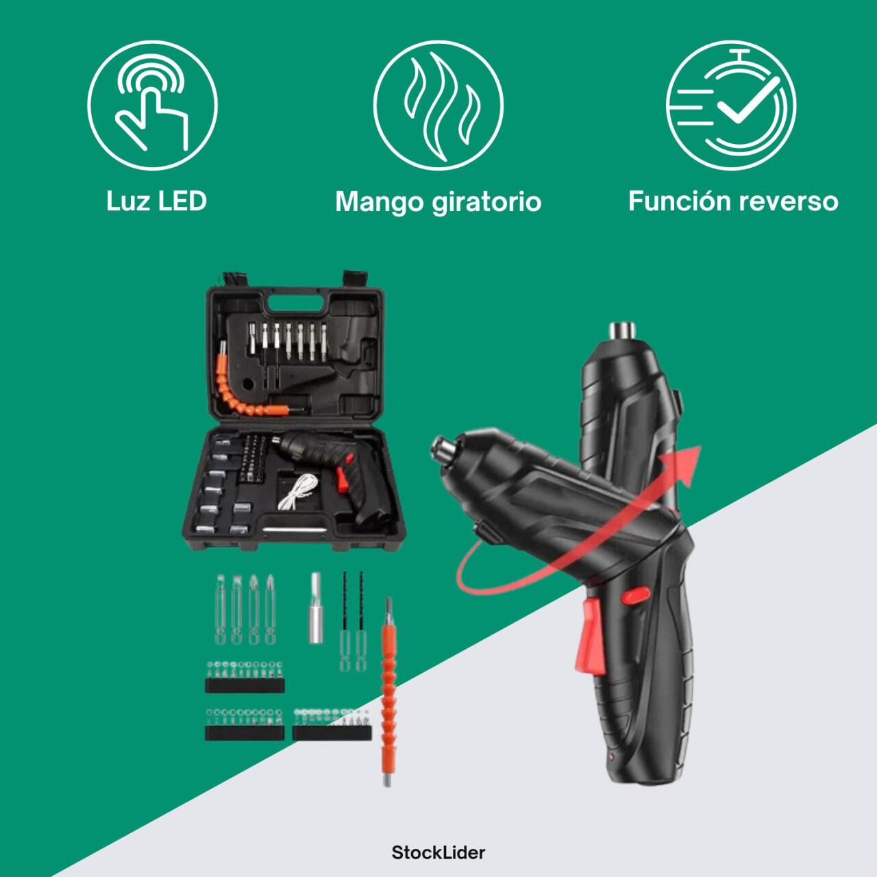 Destornillador Eléctrico Sin Cables | Luz LED | Mango Giratorio 90°-180° | 47 piezas