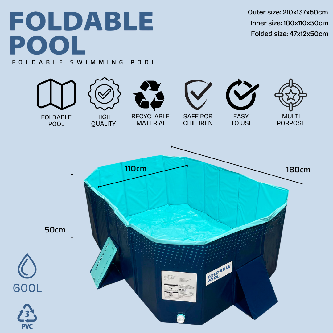 INDUSTEX Non-Inflatable Folding Swimming Pool - For Children and Pets - 180x110x50cm