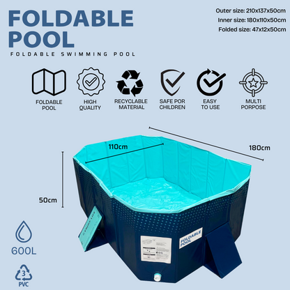 INDUSTEX Non-Inflatable Folding Swimming Pool - For Children and Pets - 180x110x50cm
