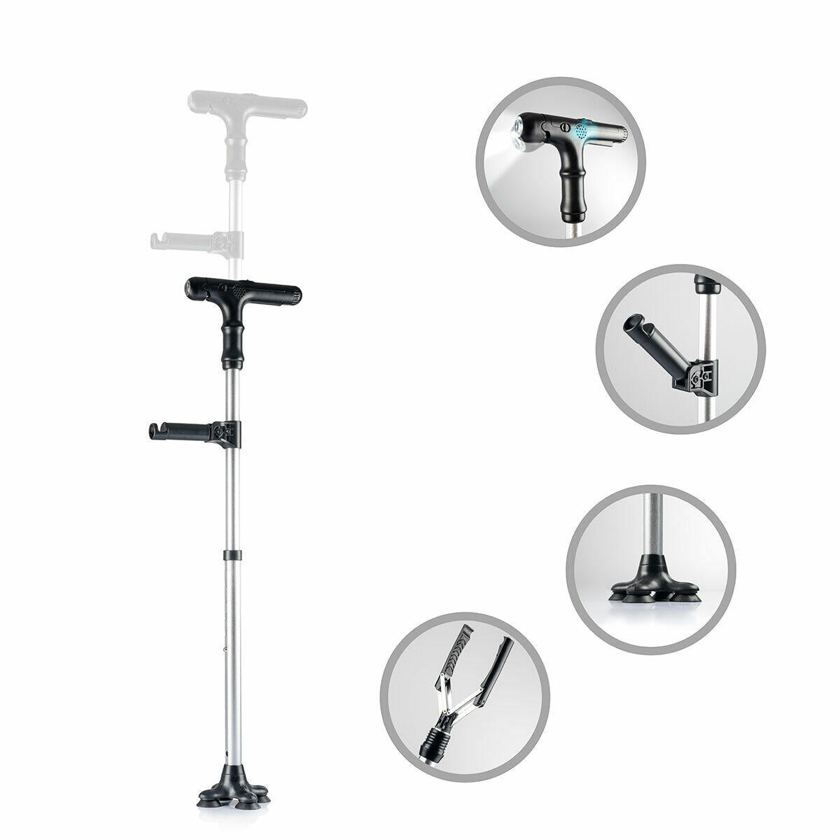 Extendable Walking Stick with LED, Alarm and Clips - 6 Heights - Up to 70kg