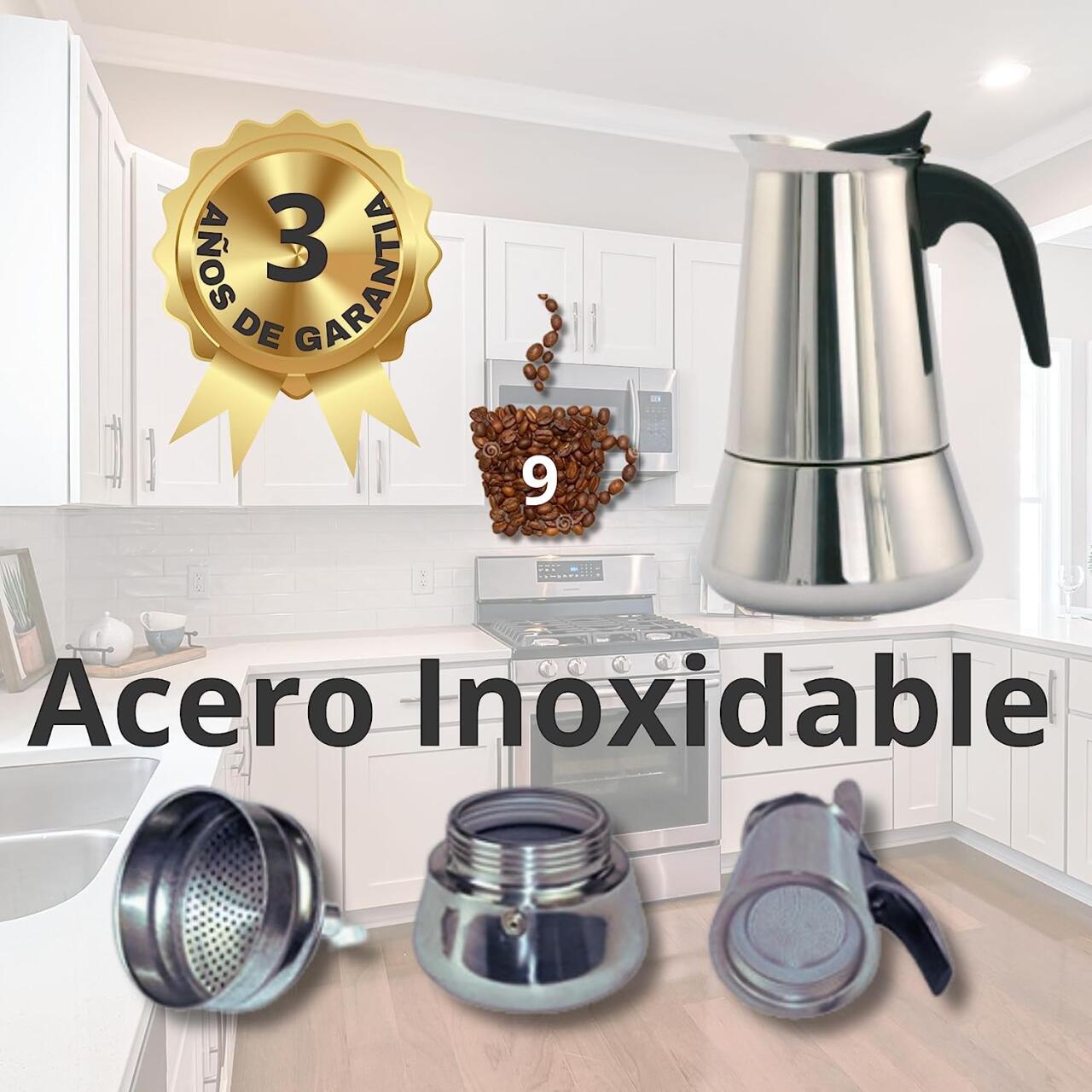 Cafetera Italiana de Acero Inoxidable 9 Tazas | Inducción | Antidrop | Acabado Espejo