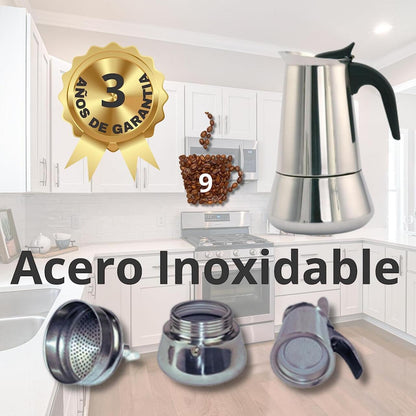 Cafetera Italiana de Acero Inoxidable 9 Tazas | Inducción | Antidrop | Acabado Espejo