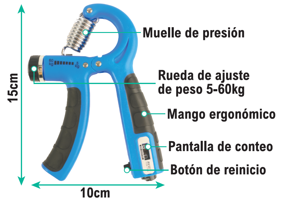 Fortalecedor de Preensão Ajustável 5-60kg | Contador Digital | Punho Ergonómico