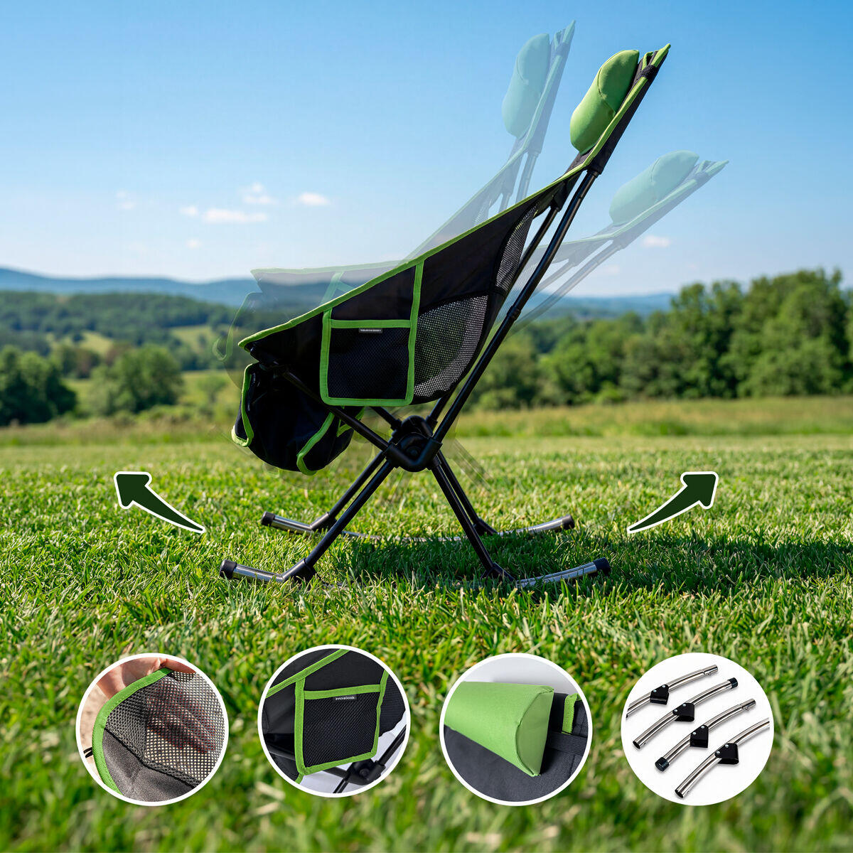 Silla Mecedora Plegable Camping 2 en 1 | Malla Transpirable | Cojín Cervical | Bolsa Transporte | Trillow InnovaGoods
