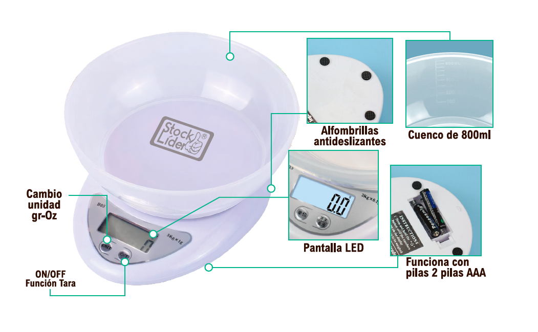 Digital Kitchen Scale with 800ml Bowl - Up to 5kg - Tare Function