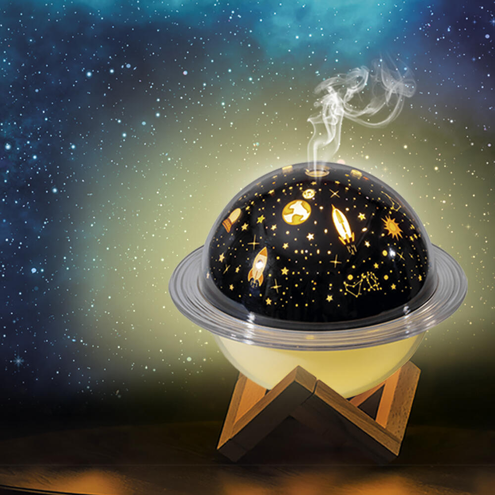 Humidificador e Candeeiro Projetor Saturno | Difusor de Óleos Essenciais | Base de Madeira