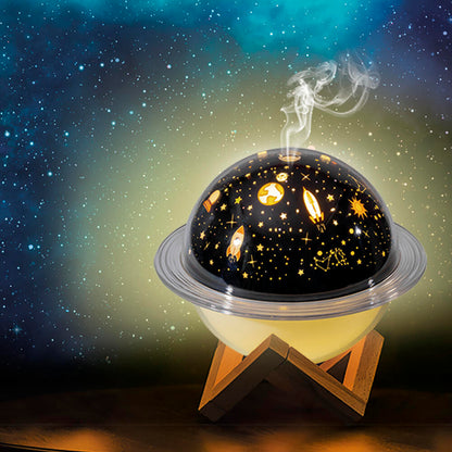 Humidificador e Candeeiro Projetor Saturno | Difusor de Óleos Essenciais | Base de Madeira