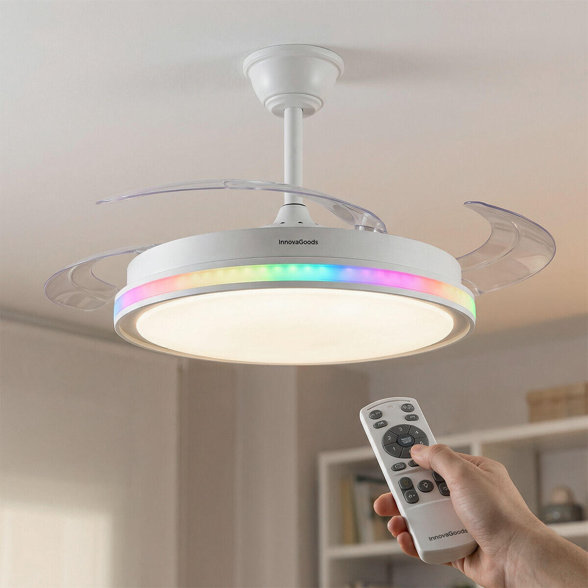 Ventilador de Techo con Luz LED RGB InnovaGoods | 4 Aspas Retráctiles | Motor DC | Mando