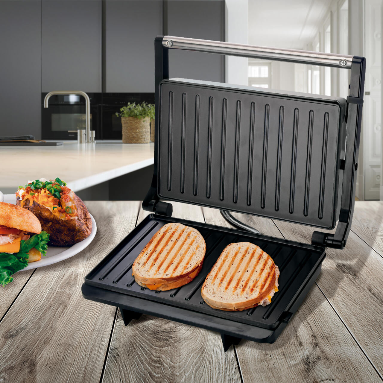 Panini Grill Parrilla Eléctrica 850W | Placas Antiadherentes | Bandeja Recogegrasas | Vertical u Horizontal