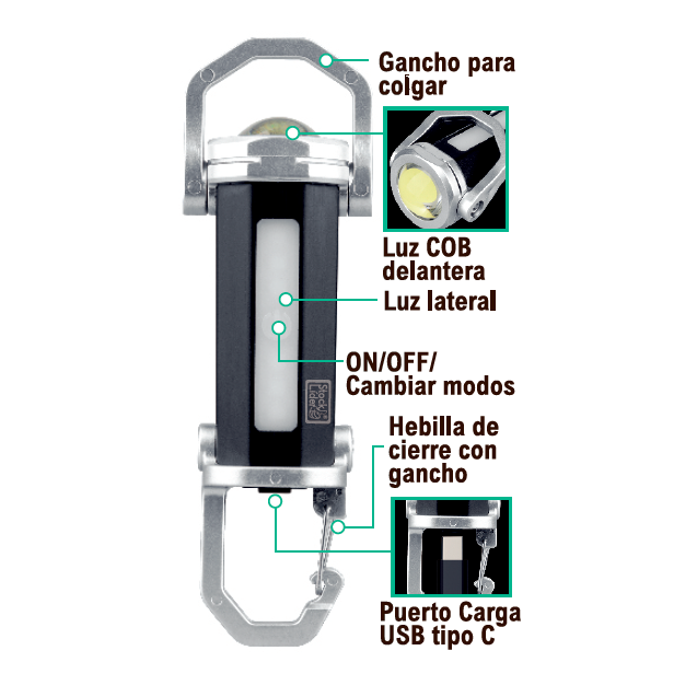 Lanterna Chaveiro Recarregável USB-C | LED + COB | 3 Modos + SOS | À Prova de Água