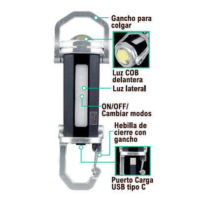 Lanterna Chaveiro Recarregável USB-C | LED + COB | 3 Modos + SOS | À Prova de Água