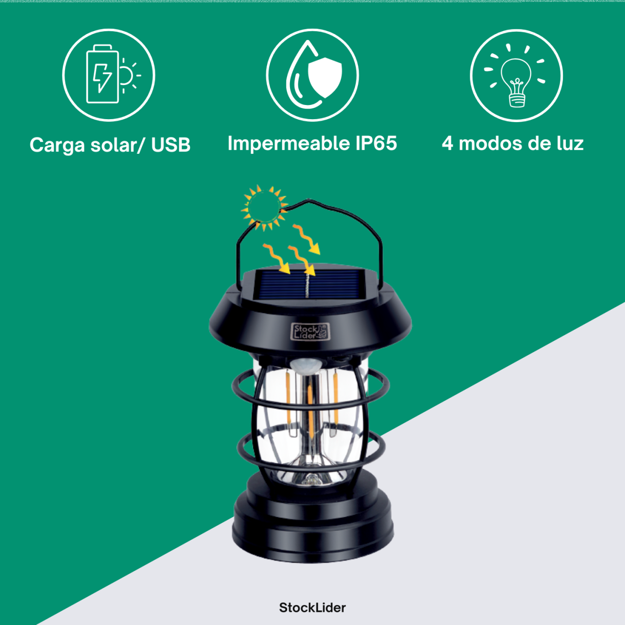 Lâmpada Solar de Campismo com Sensor de Movimento - IP65 - Carregamento USB-C - 4 Modos