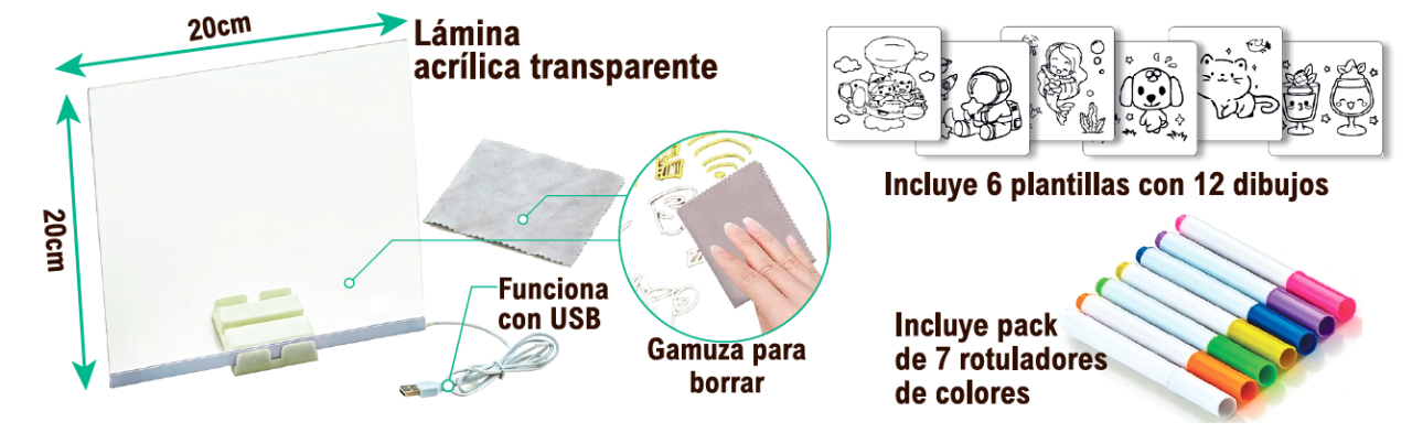 Quadro Luminoso LED 20x20 cm com Canetas e Stencils | Stock Líder