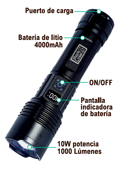 Lanterna Potente LED 1000 lm 10W | Zoom x2000 | Bateria 4000 mAh - USB-C | Alumínio