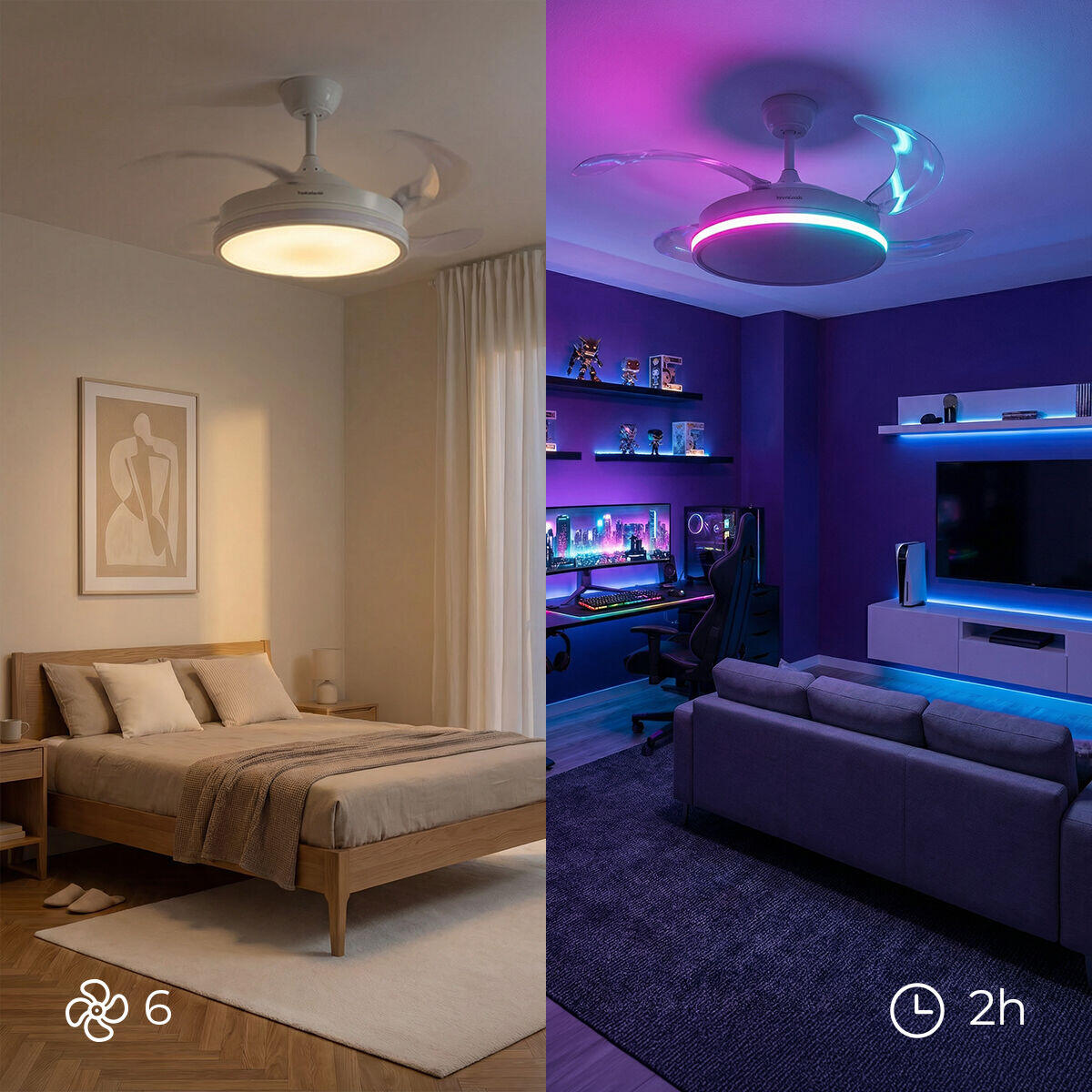Ventilador de Techo con Luz LED RGB InnovaGoods | 4 Aspas Retráctiles | Motor DC | Mando