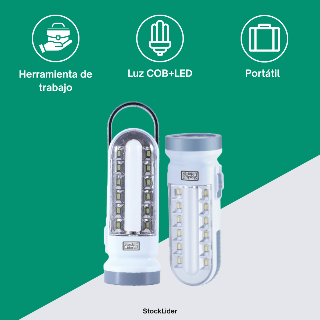 Lâmpada de Trabalho LED + COB 500 lm - Alcance 300 m - Gancho - Portátil - Stock Líder