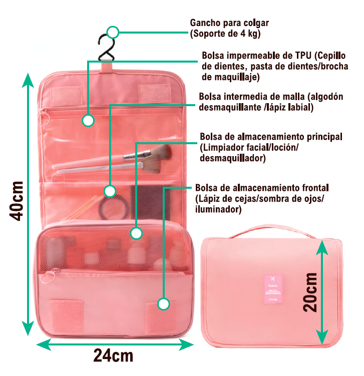Bolsa de Higiene Pessoal Dobrável Impermeável TPU para Viagem | Gancho | Vários Compartimentos