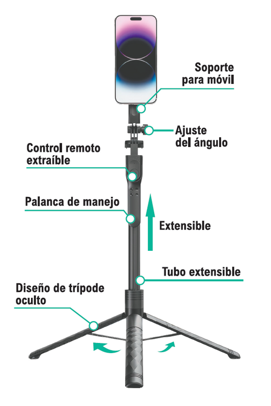 Palo Selfie Trípode 2 en 1 con Control Remoto - Rotación 360º 175cm