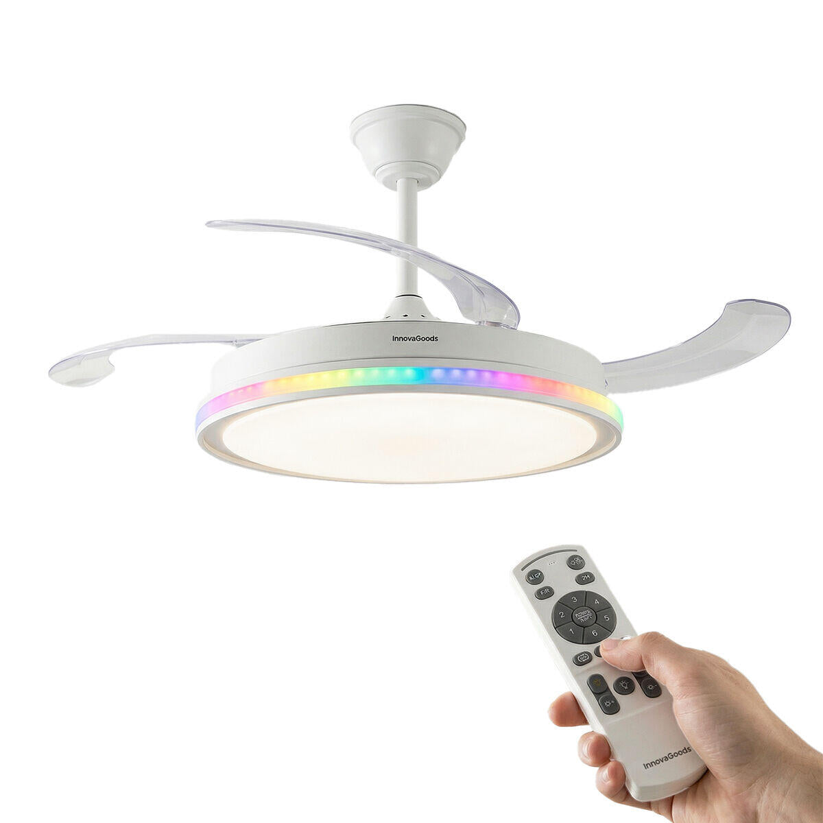 Ventilador de Techo con Luz LED RGB InnovaGoods | 4 Aspas Retráctiles | Motor DC | Mando