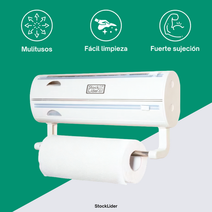 Portarrollos Multifunción 3 en 1 | Papel Alumínio, Film y Papel de Cocina | Sin Perforación
