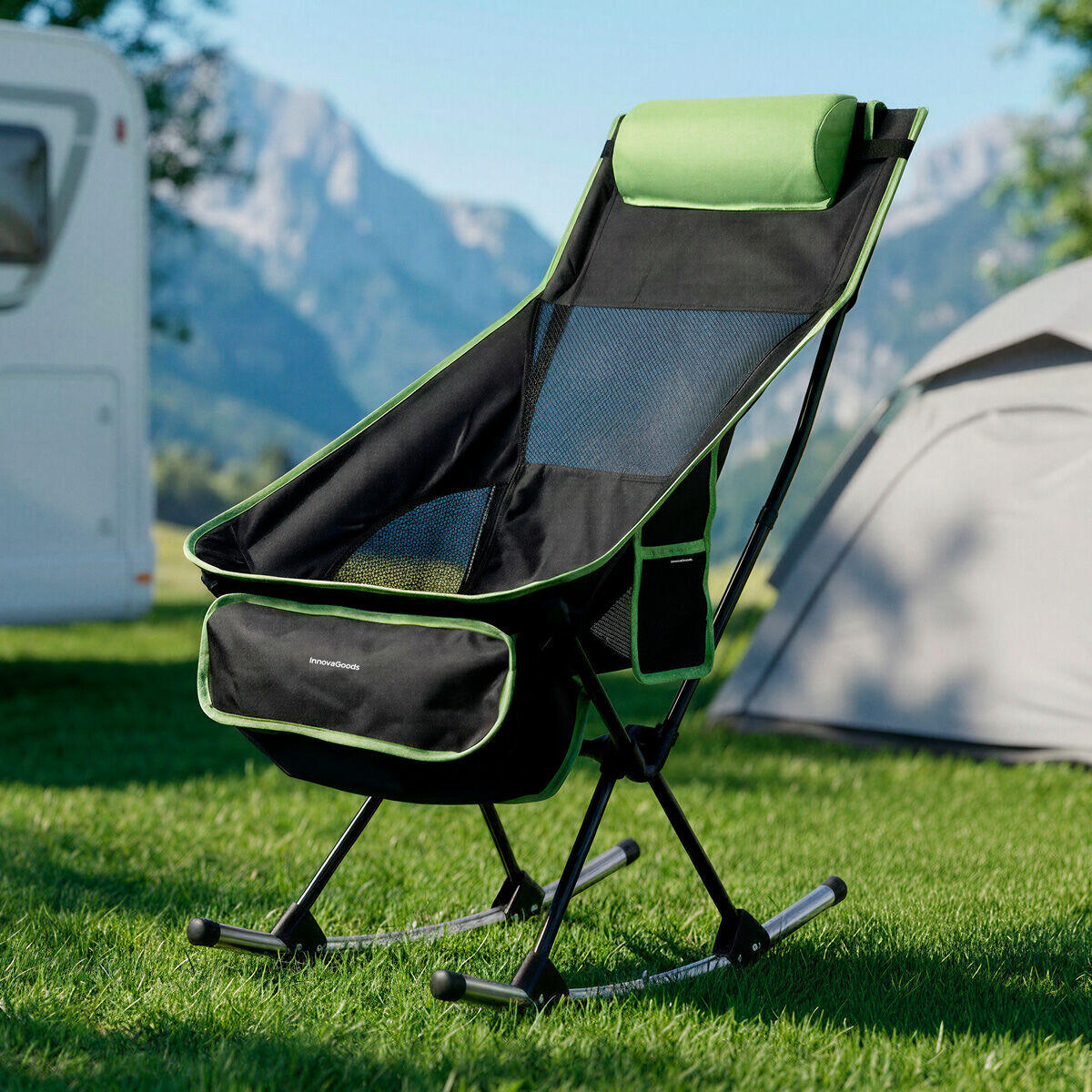 Silla Mecedora Plegable Camping 2 en 1 | Malla Transpirable | Cojín Cervical | Bolsa Transporte | Trillow InnovaGoods