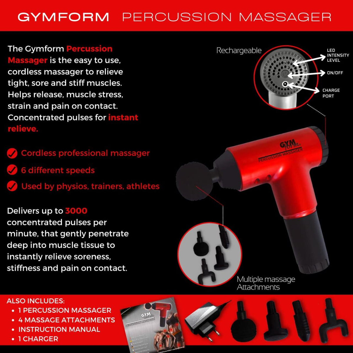 GYMFORM Percussion Professional Massage Gun - 6 Speeds - 6000 Pulses